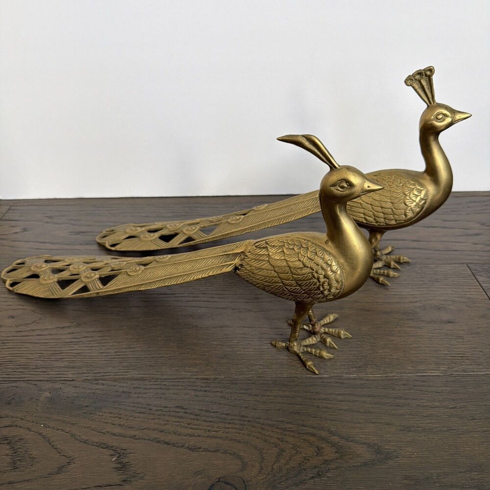 Set of 2 Mid-Cenrury Moderm Solid Brass Peacock Sculptures 17" Long X 8" Tall